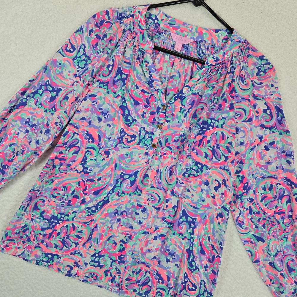 Lilly Pulitzer Womens Silk Blouse Small Pink Blue Paisley Resort Coastal Top S